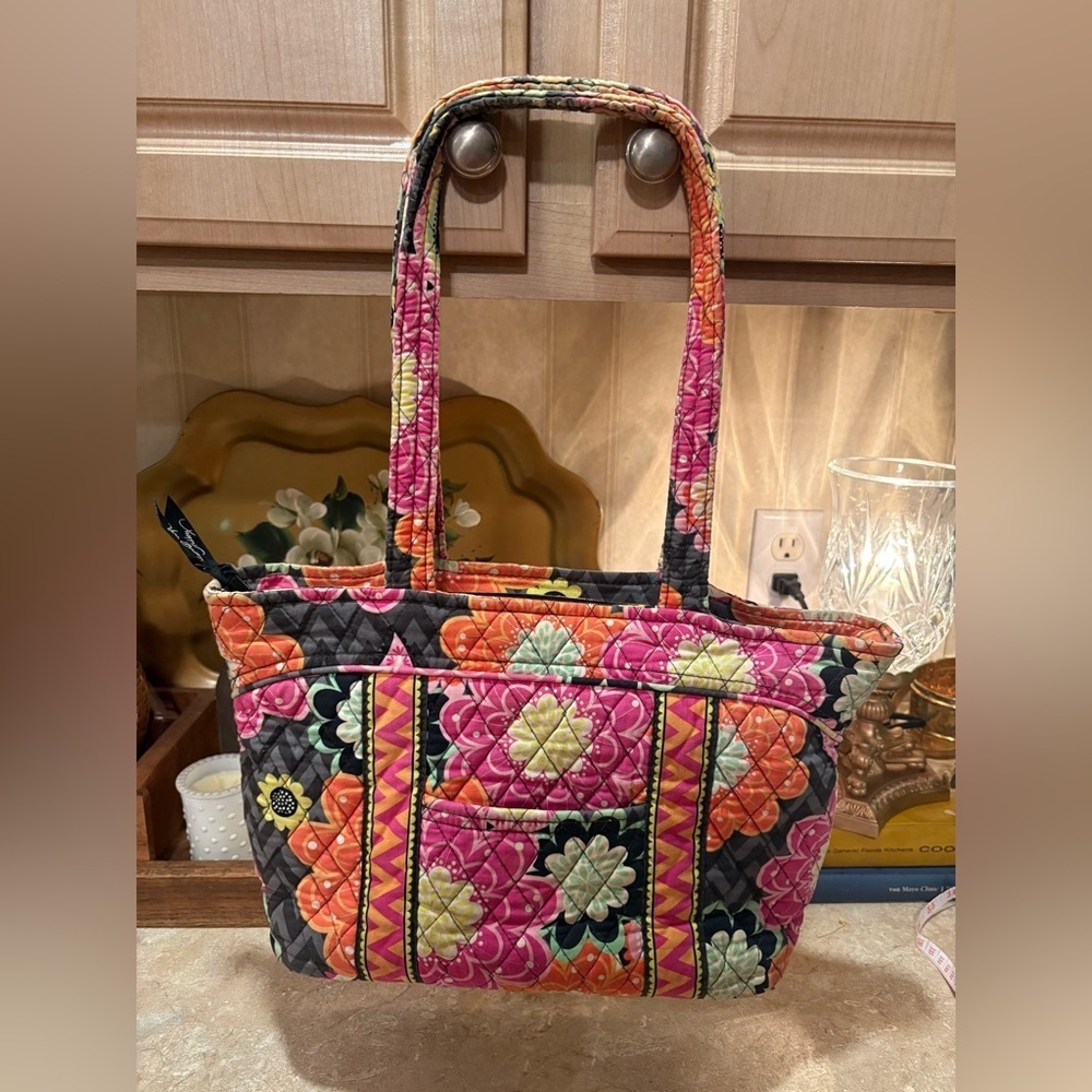 Vera Bradley Quilted Floral Tote in Black, Pink, Orange, Green